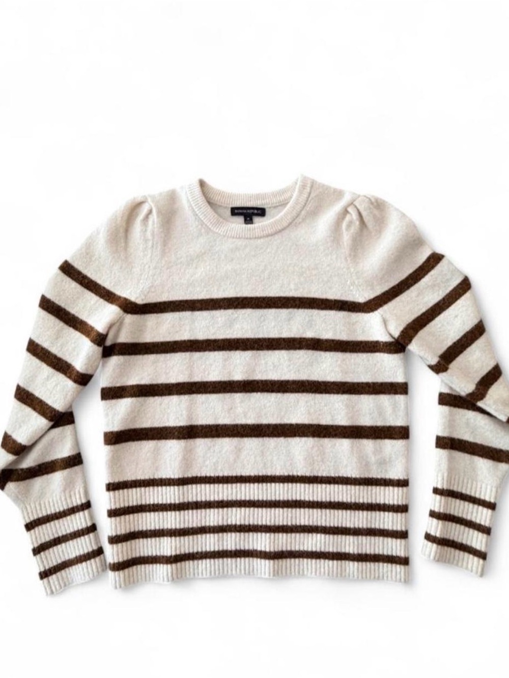 Banana Republic Alpaca Wool Cream and Brown Striped Puff-Sleeve Crewneck Sweater